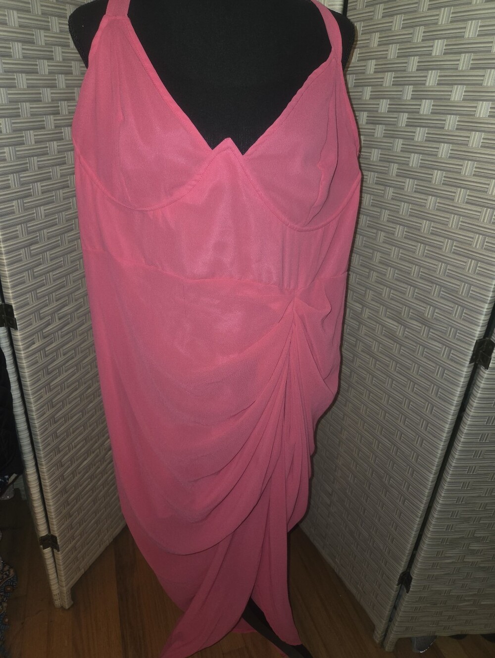 PrettyLittleThing Hot Pink Draped Chiffon Tie Shoulder Dress With Tulip Hem